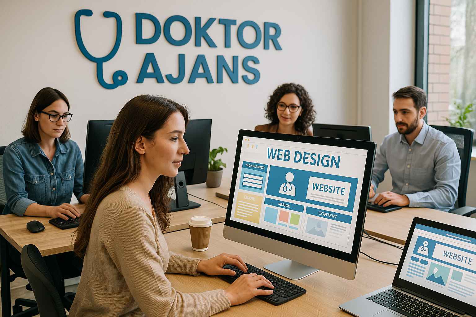 doktor ajans ofi̇si̇nde web tasarim yapan i̇nsanlar kadin ağirlikli bi̇lgi̇sayar başinda web si̇tesi̇ yapiyorlar