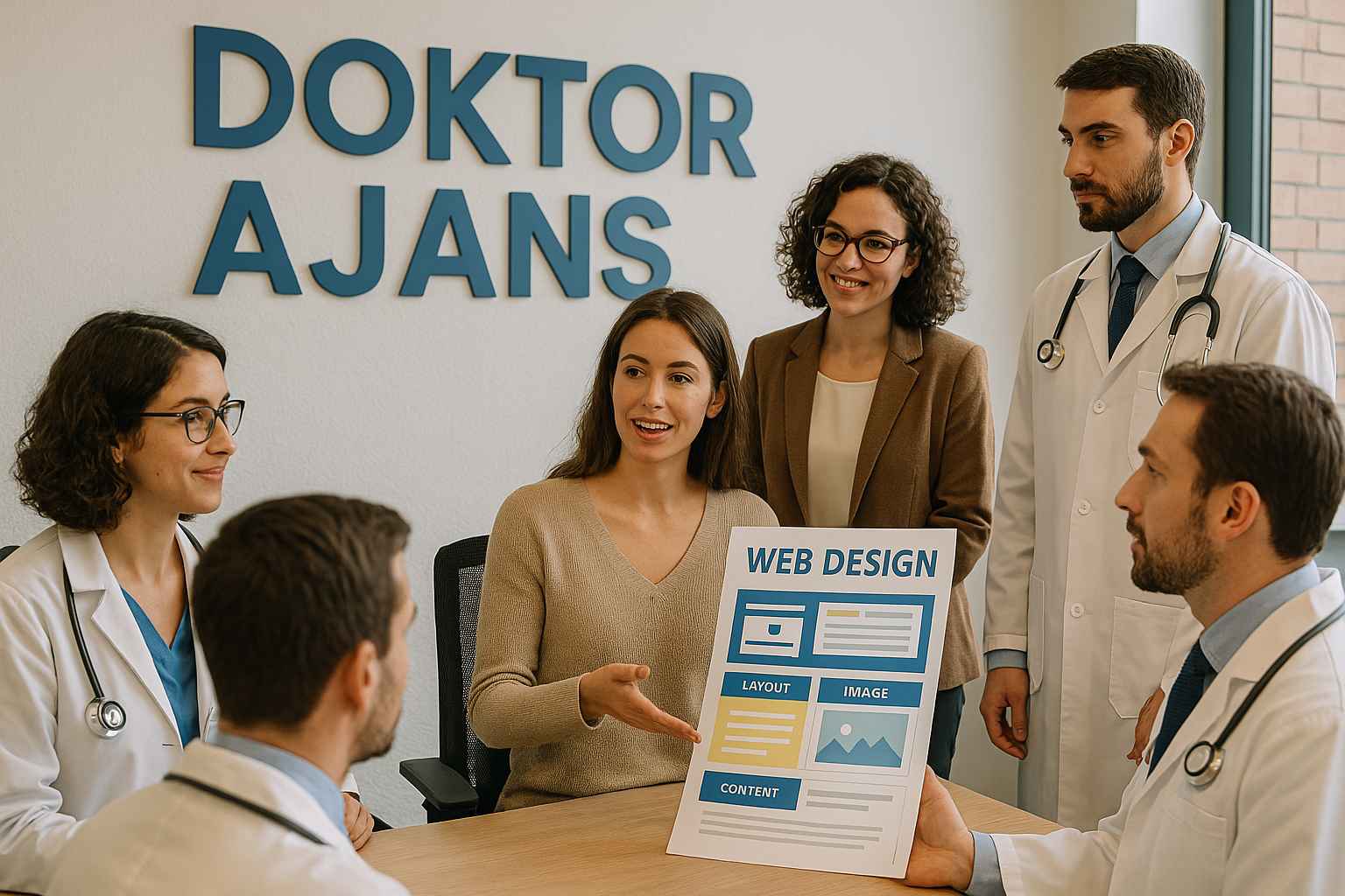 doktor ajans ofi̇si̇nde web tasarim konuşuluyor doktorlarla
