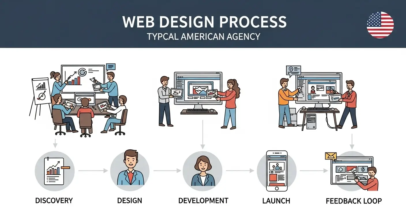 ABD'de uygulanan profesyonel web tasarım sürecini adım adım gösteren planlama panosu.