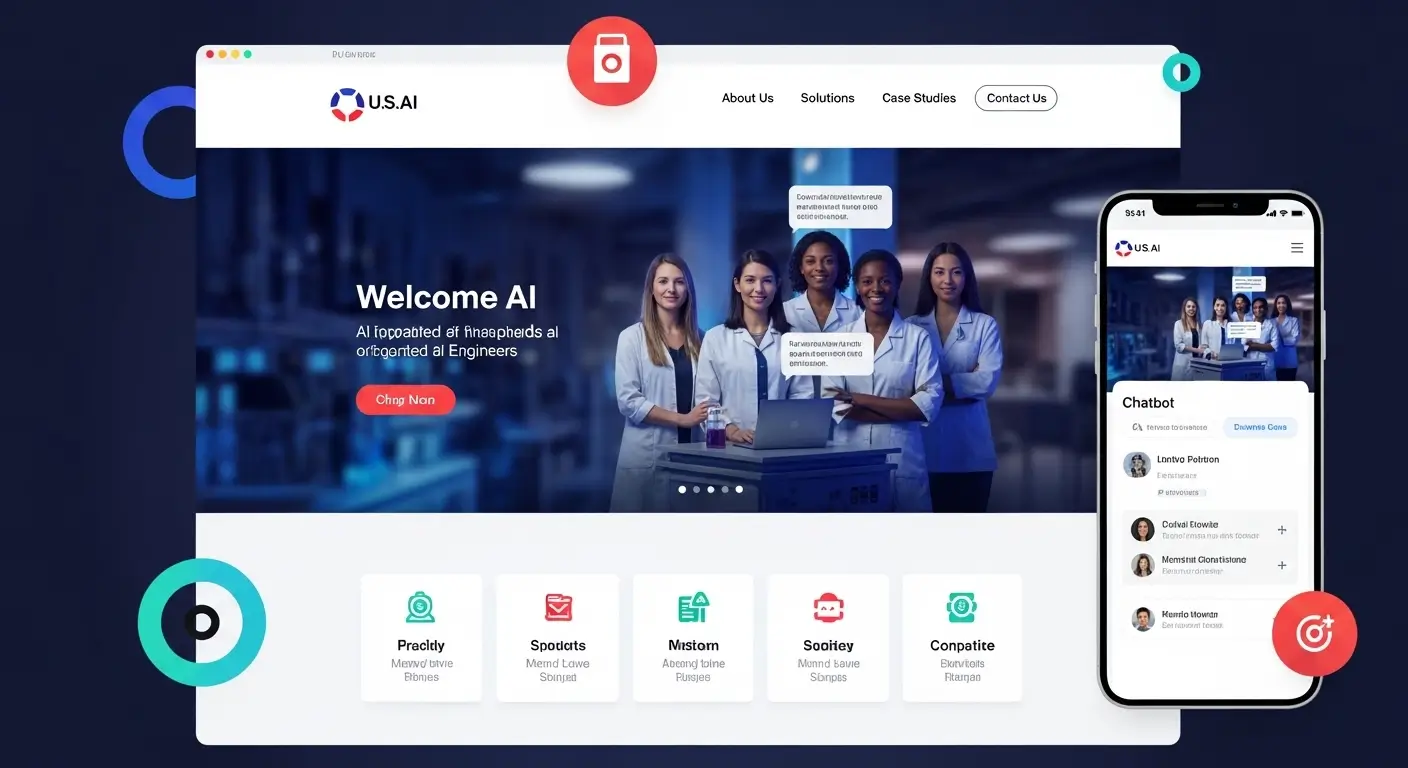 Yapay zeka odaklı Amerikan teknoloji firmalarına özel modern web sitesi arayüzü.