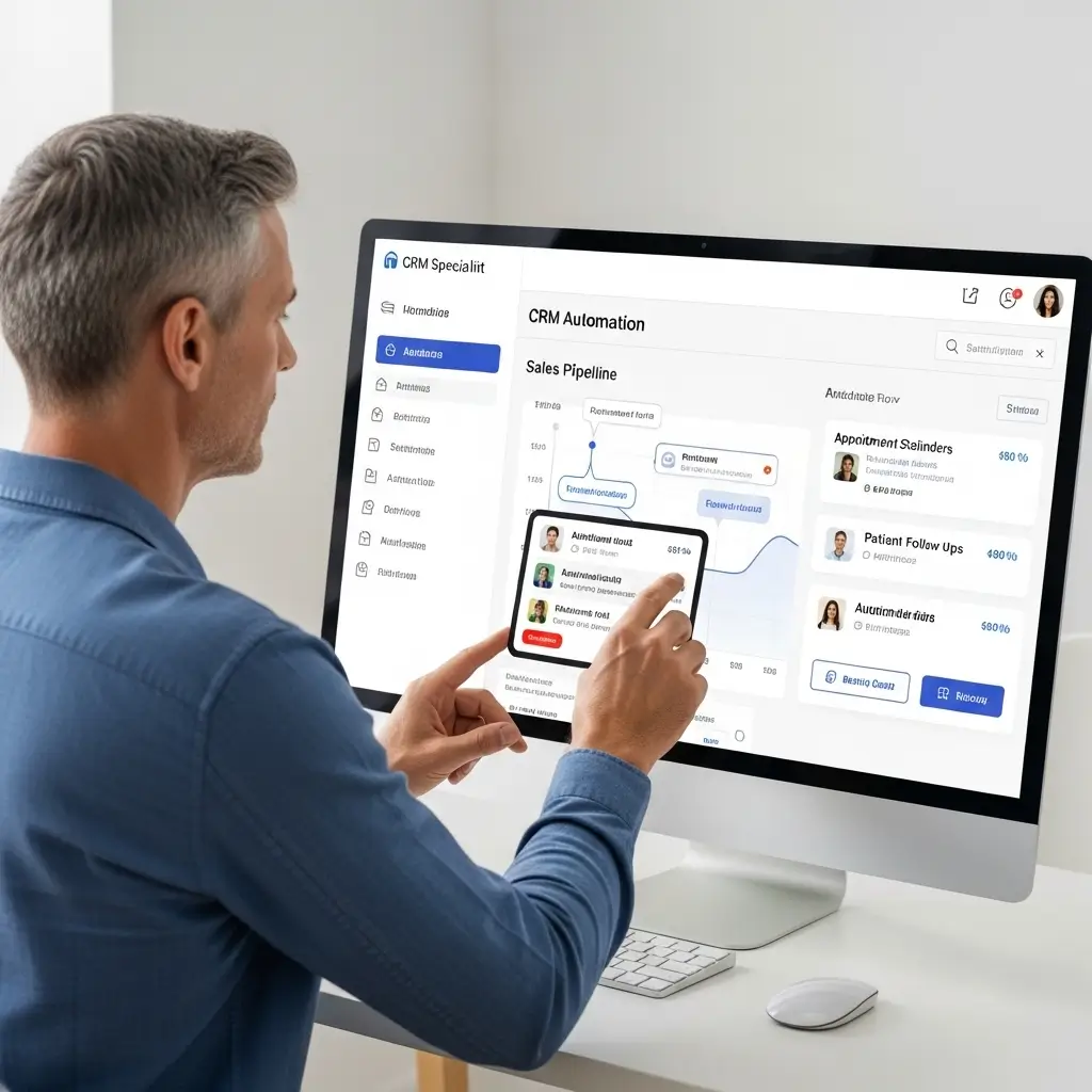 Kliniklere özel CRM kurulumu ve otomasyon çözümlerini temsil eden modern yazılım ekranı.