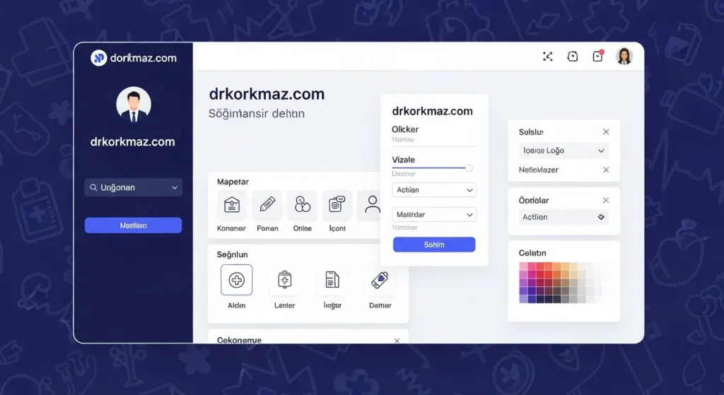 Doktorlar için alan adı seçimi ve marka kimliği oluşturmaya yönelik görsel sunum.