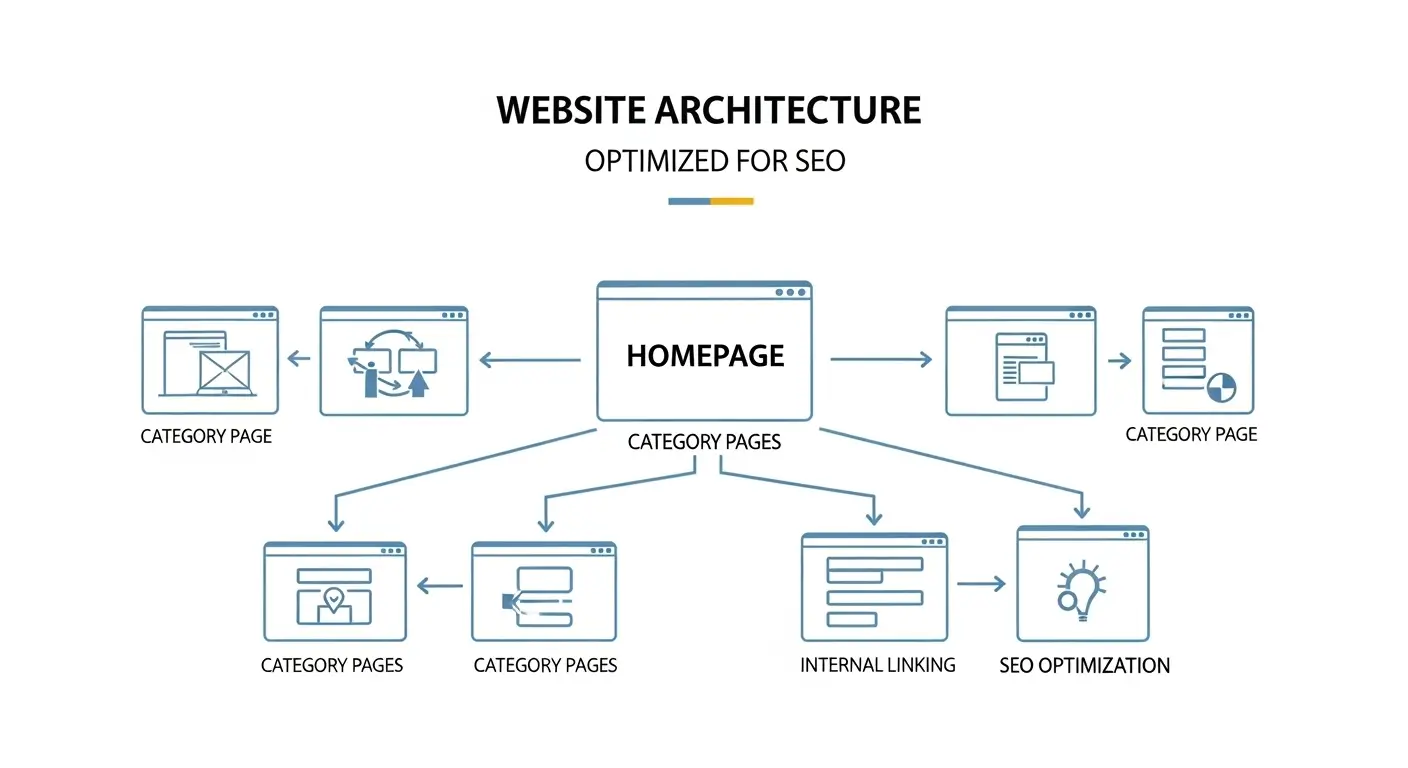 SEO’ya uygun olarak yapılandırılmış bir web sitesi mimarisini gösteren infografik tarzda anasayfa, kategori sayfaları ve iç linklemeler.