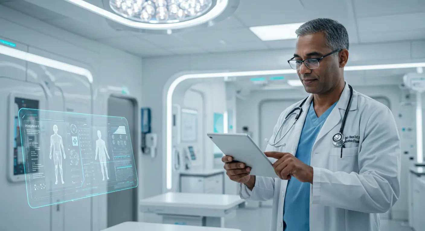 Tablet ile online muayene gerçekleştiren bir doktor; arka planda geleceğin hastanesi teması ve dijital sağlık teknolojisi vurgusu.