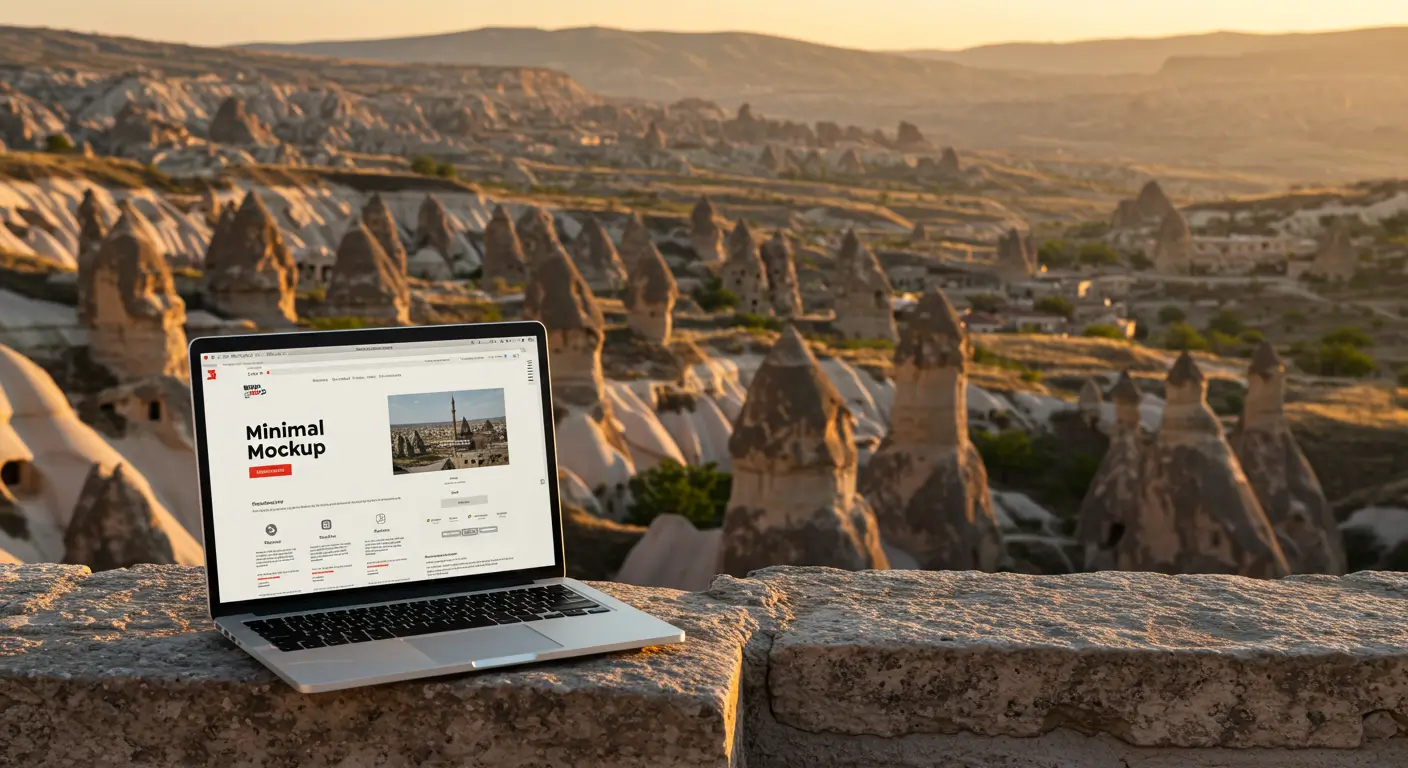 Kapadokya manzarasında açık bir laptopta gösterilen minimalist web sitesi arayüzü