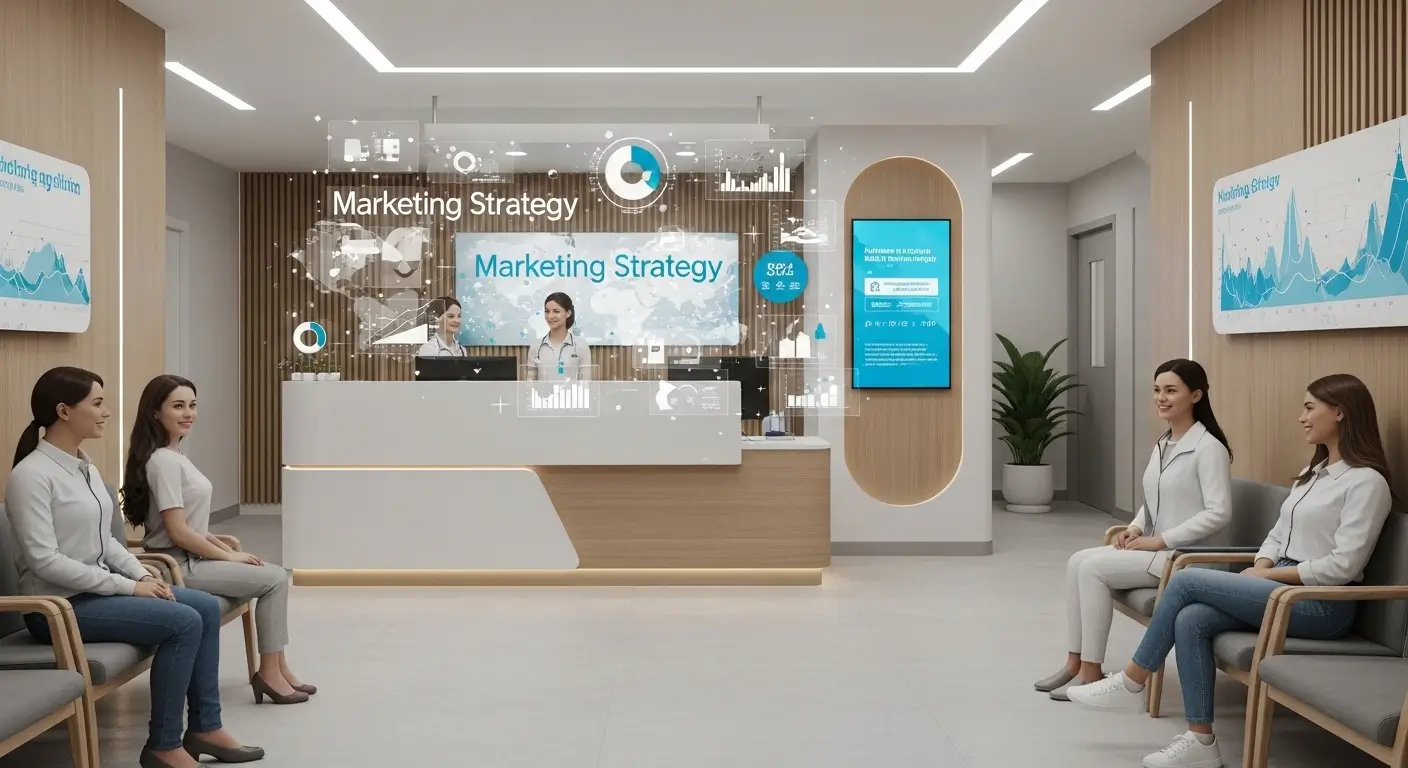 Modern bir klinik bekleme alanında mutlu hastalar ve dijital ekranlarla donatılmış resepsiyon. Klinik müşteri çekme stratejileri için görsel grafikler arka planda yer alıyor.