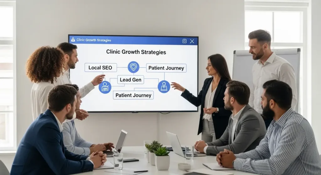 Bir dijital ajans ekibi, toplantı odasında “Local SEO”, “Lead Generation” ve “Patient Journey” anahtar kelimeleriyle klinik büyüme stratejileri sunumu yapıyor.