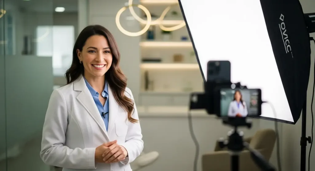 Bir kadın klinik sahibinin modern klinik ortamında sosyal medya için video çekmesi. Hasta kazanımı için kişisel markalaşma stratejisine vurgu yapılıyor.