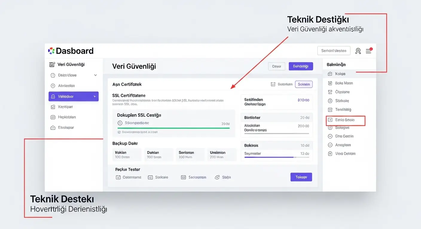 Klinik web sitesinde güvenlik ve teknik altyapıya dair destek unsurlarını gösteren yönetici ekranı.