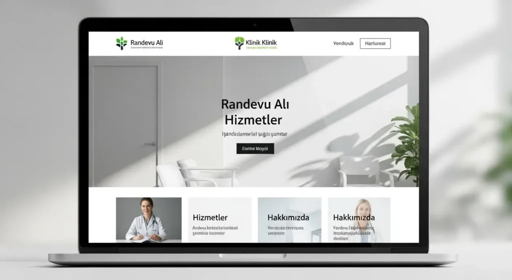 Klinikler için etkili dijital çözümleri temsil eden, Türkçe arayüzlü modern web sitesi kapak görseli.