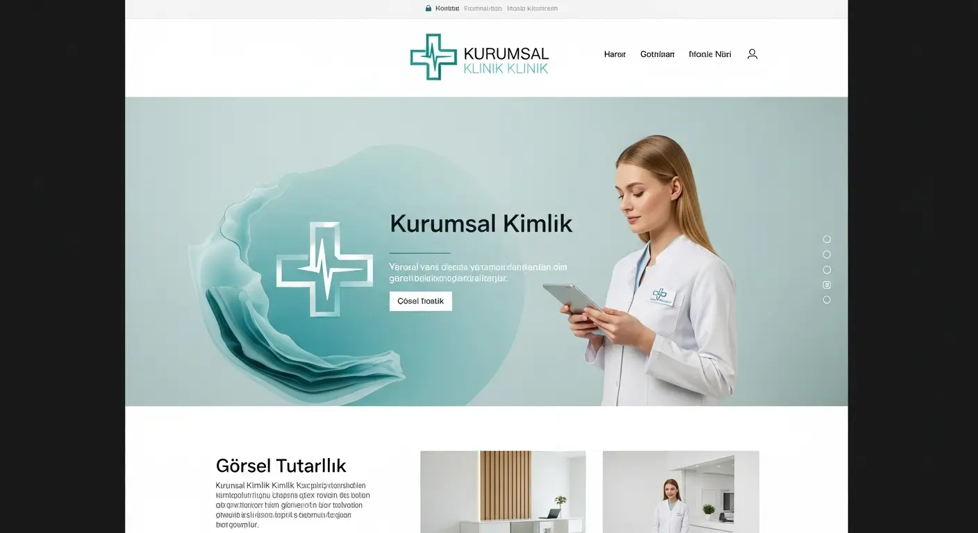 Klinik web sitesinde marka renkleri, logo ve temanın uyum içinde kullanılmasını temsil eden örnek tasarım.