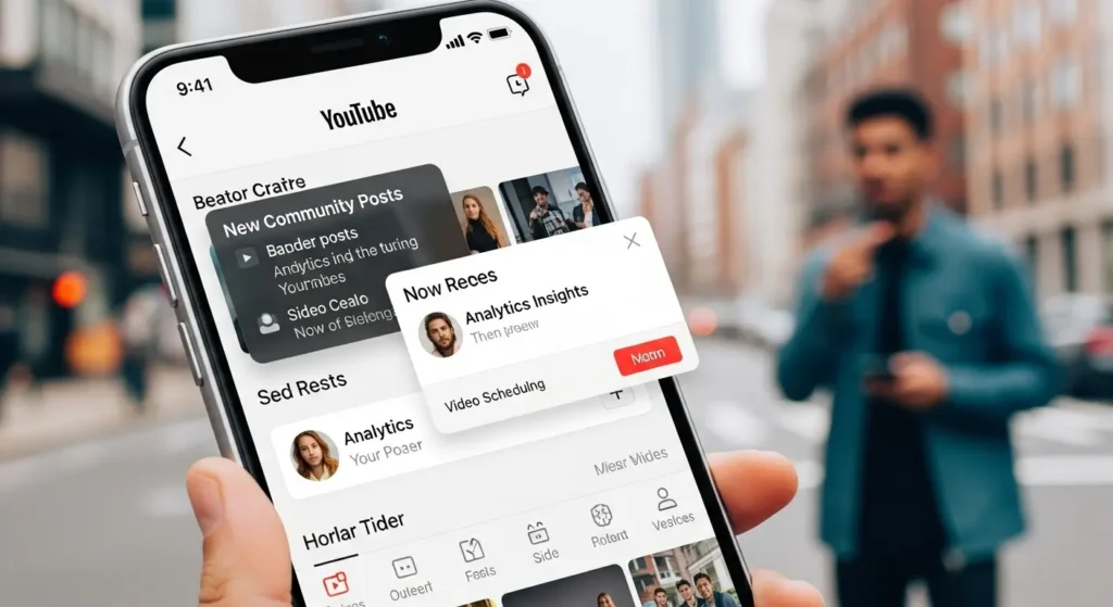 YouTube mobil uygulamasında içerik üreticilere özel olarak gösterilen yeni özelliklerin (topluluk gönderileri, analizler, video zamanlama) göründüğü kullanıcı arayüzü.