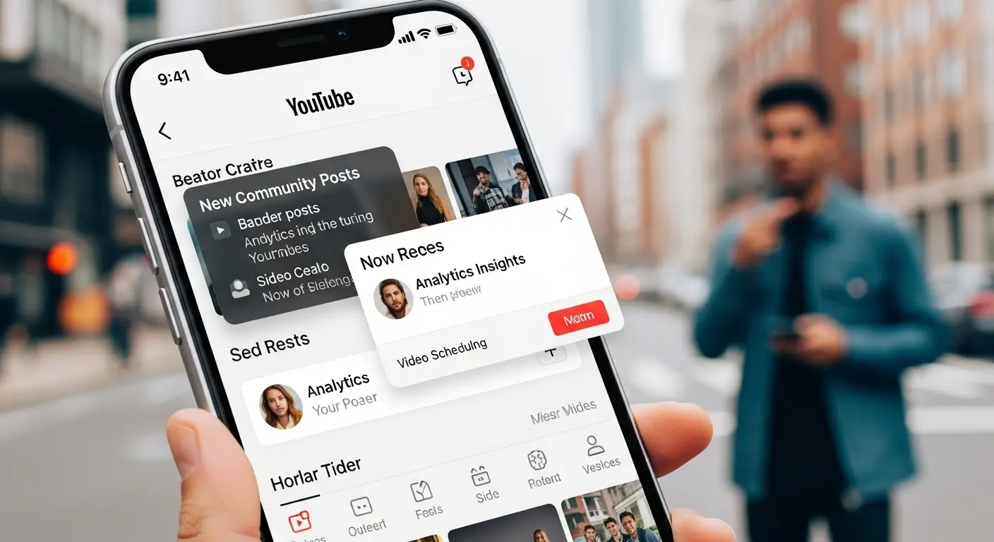 YouTube mobil uygulamasında içerik üreticilere özel olarak gösterilen yeni özelliklerin (topluluk gönderileri, analizler, video zamanlama) göründüğü kullanıcı arayüzü.