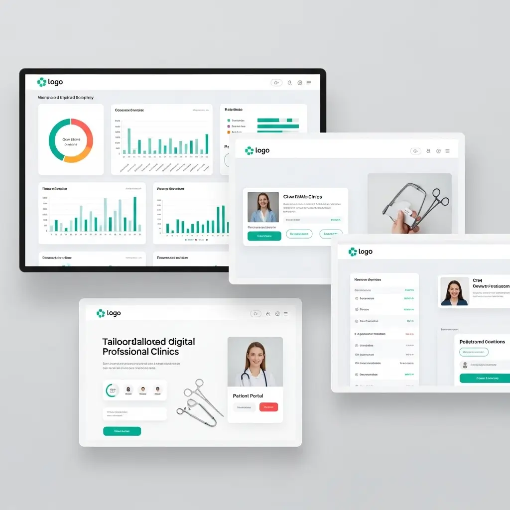 Doktor ve kliniklere özel web, CRM ve dijital reklam çözümlerini gösteren sunum görseli.