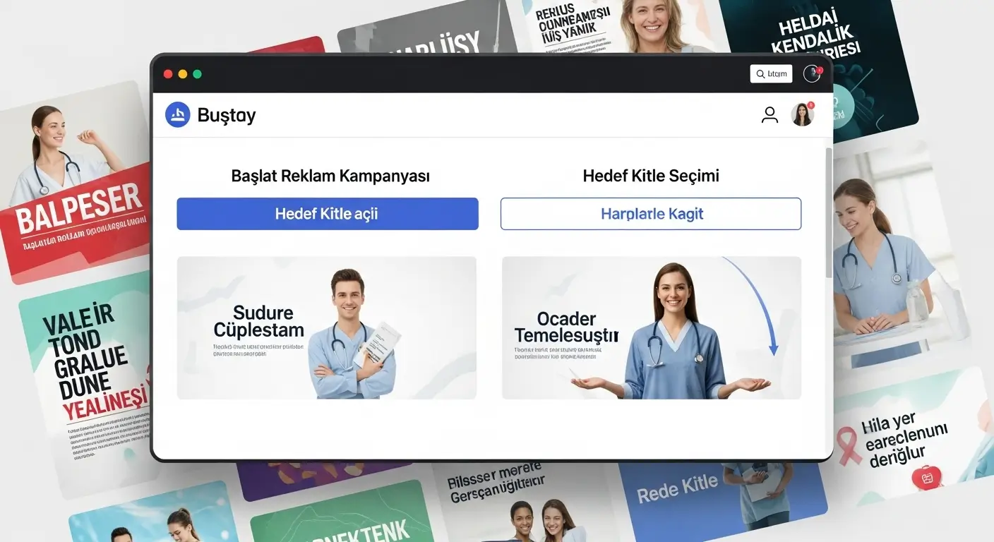 Sağlık sektörüne özel dijital reklam yönetimi sürecini simgeleyen reklam kampanya paneli.