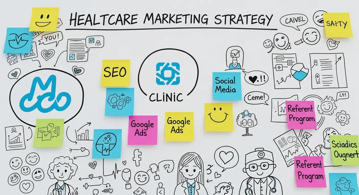 SEO, Google Ads, Sosyal Medya ve yönlendirme programlarını içeren yapışkan notlarla dolu bir sağlık pazarlama stratejisi panosu. Klinik müşteri çekme yöntemlerini gösterir.