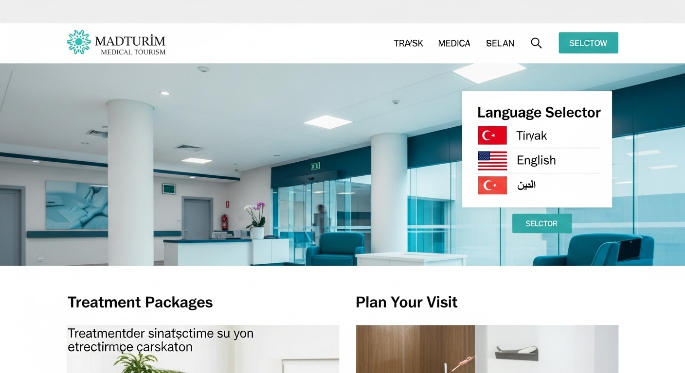 Sağlık turizmine yönelik çok dilli destek sunan klinik web sitesini temsil eden görsel.