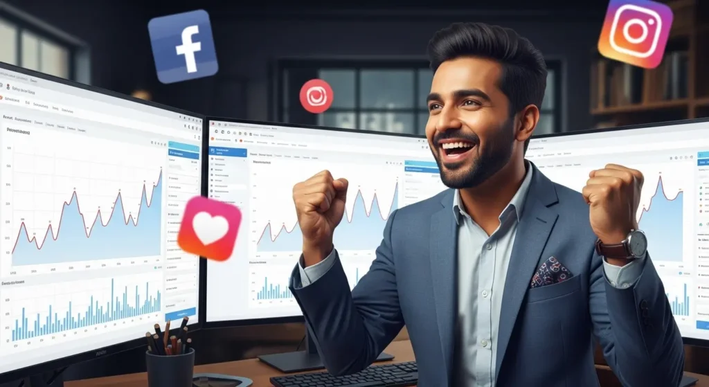 Sosyal medya reklam kampanyaları sayesinde işletmesini büyüten girişimciyi temsil eden kapak görseli.