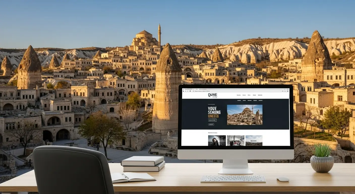 Ürgüp'ün simgesi olan peribacaları arka planda görünürken modern bir ofis masasında web sitesi tasarımı açık bir bilgisayar ekranı yer alıyor.
