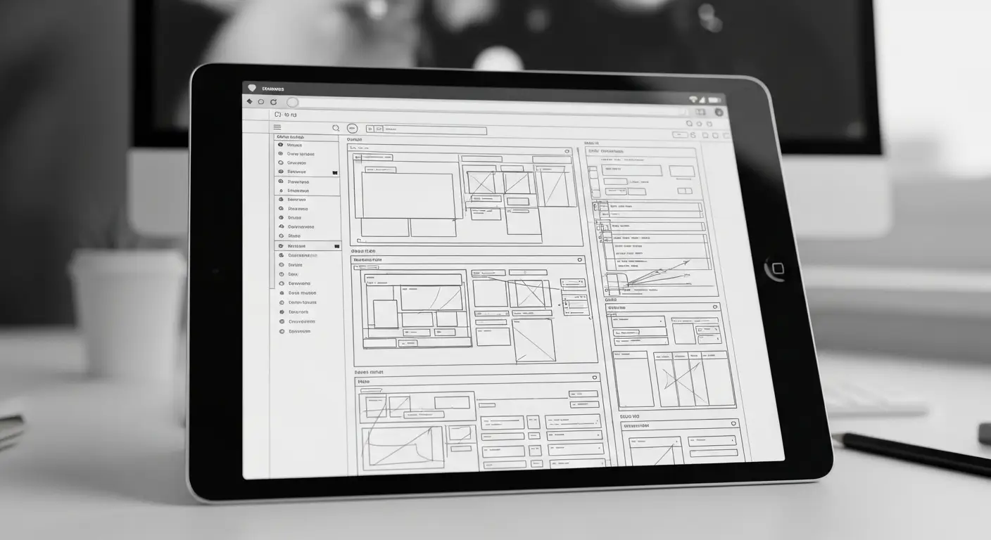 UX/UI wireframe, 2025 web tasarım projeleri için site haritası, menüler ve içerik yapısı ile web sitesi mimarisi planlamasını gösterir.