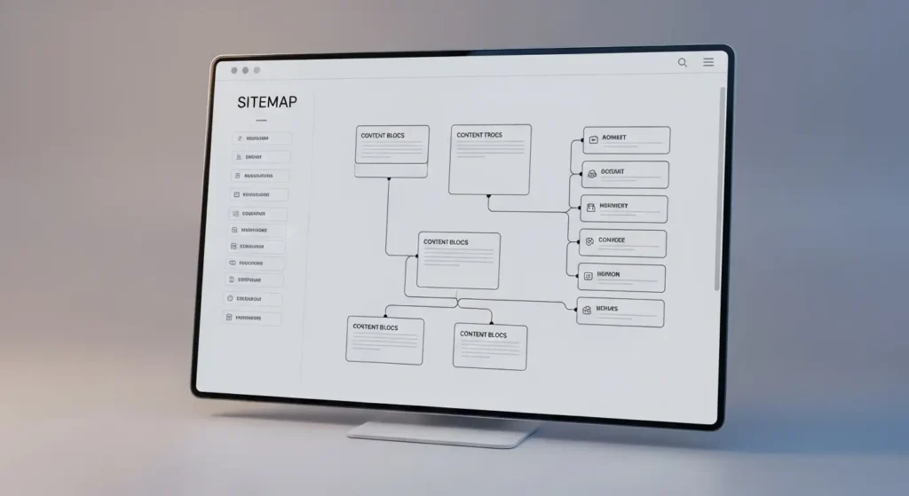 2025 yılı için modern bir web sitesi mimarisi taslağını gösteren dijital bir ekran üzerindeki site haritası ve içerik blokları.