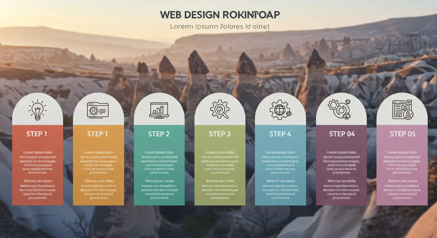 Web tasarımı sürecinin 5 adımını anlatan ve arka planda Kapadokya manzarası kullanılan infografik