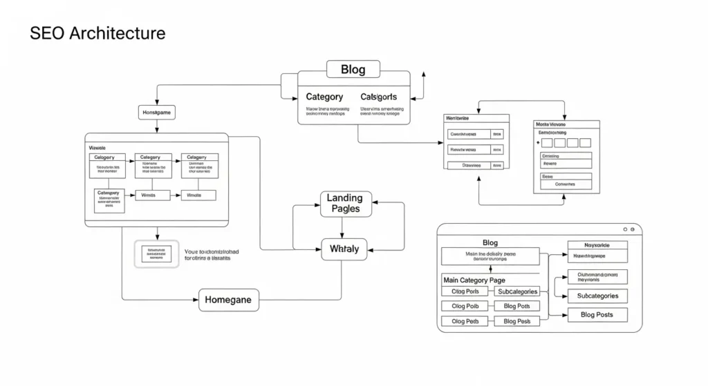 Açılış sayfaları, kategoriler ve blog bölümleri dahil olmak üzere SEO için optimize edilmiş modern bir web sitesi mimarisini gösteren görsel akış şeması.
