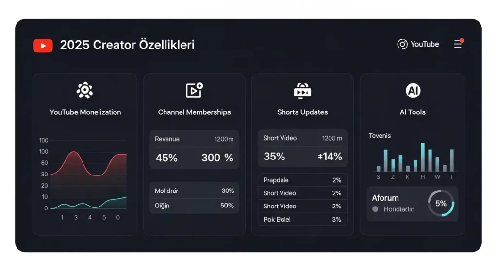 YouTube içerik üreticileri için 2025’e özel kanal üyelikleri, Shorts, yapay zeka araçları ve para kazanma seçeneklerinin gösterildiği kontrol paneli tarzı grafik.