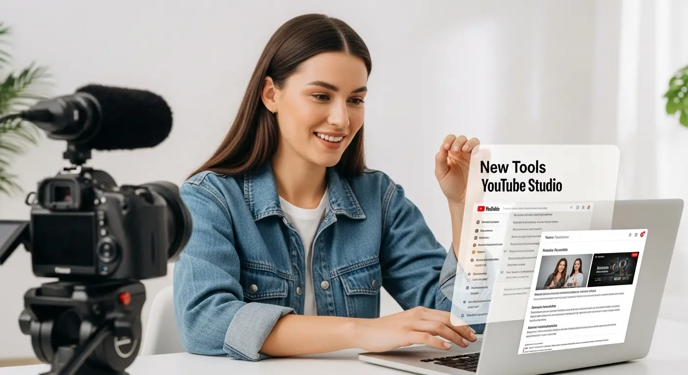 Bir kadın YouTube içerik üreticisinin ev stüdyosunda kamera, ışık ve YouTube özelliklerinin açık olduğu bir dizüstü bilgisayarla çalıştığı sahne.