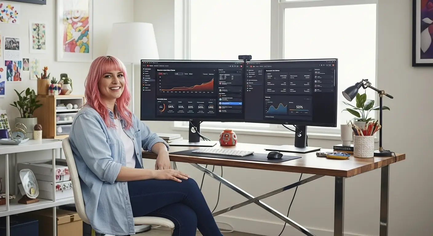 YouTube içerik üreticisinin masa başında YouTube Studio güncellemeleri ve analizleri üzerinde çalışırken gösterildiği modern bir çalışma alanı.