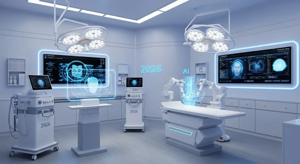 2026 yılında popüler estetik operasyonlar ve gelecek teknolojileri gösteren modern klinik görüntüsü