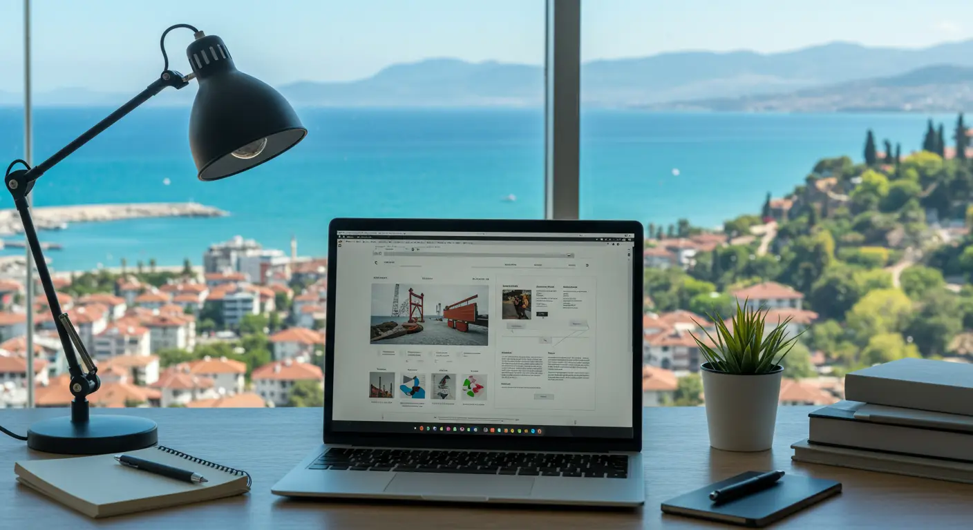 Antalya web tasarım hizmeti - Akdeniz manzaralı modern ofiste laptop ekranında responsive web sitesi tasarımı