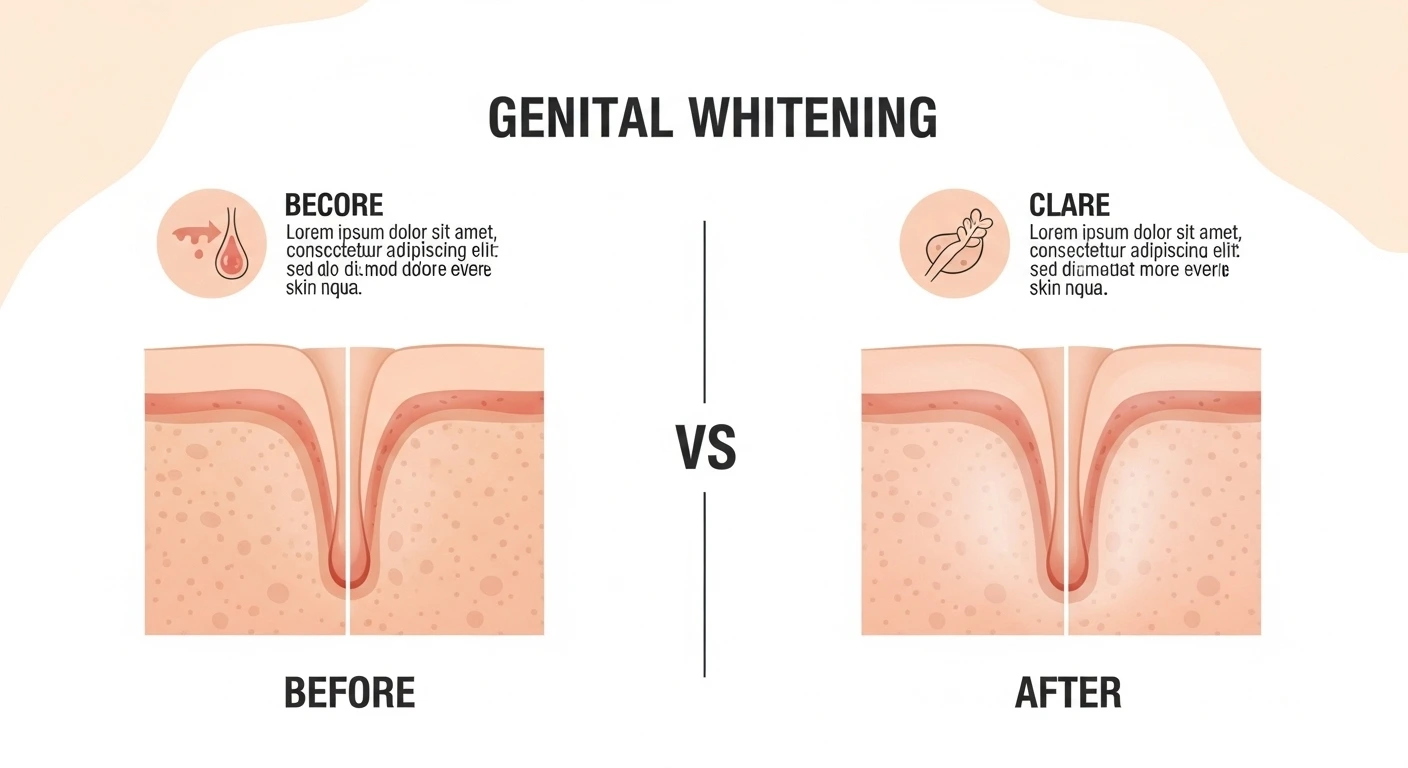 Genital beyazlatma nedir konusunu açıklayan, öncesi ve sonrası cilt tonunu gösteren bilgi grafiği.