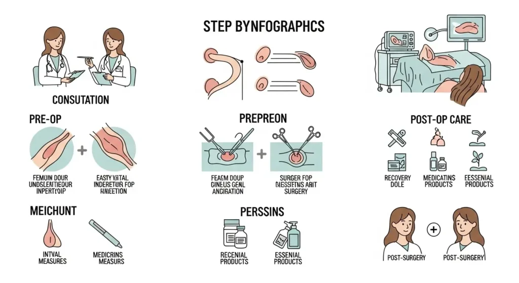 Genital estetik ameliyat sürecini adım adım açıklayan sade ve bilgilendirici infografik.