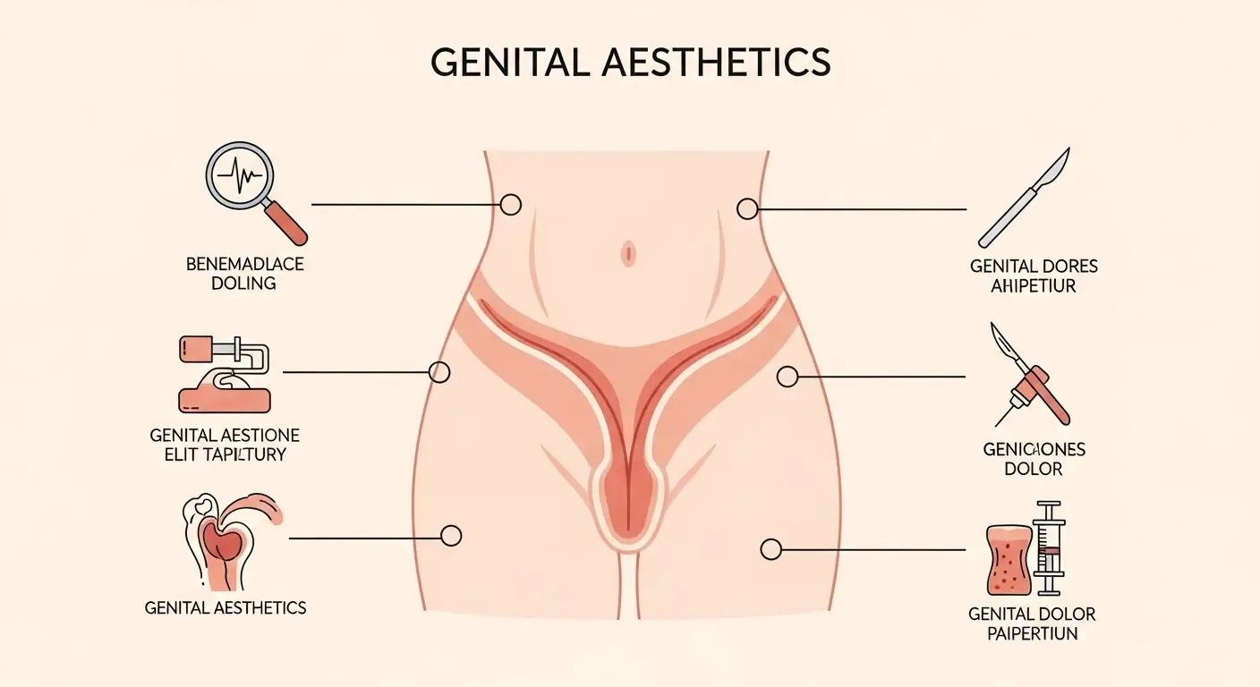 Genital estetik kavramını sade ve tıbbi bir şekilde açıklayan eğitici infografik.