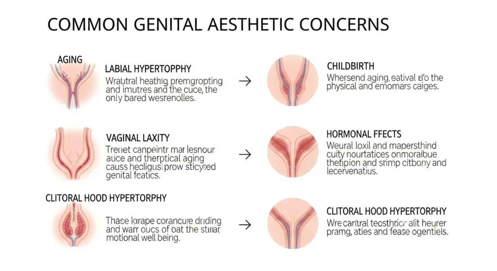 Genital bölgede estetik problemlerin nedenlerini açıklayan tıbbi grafik.