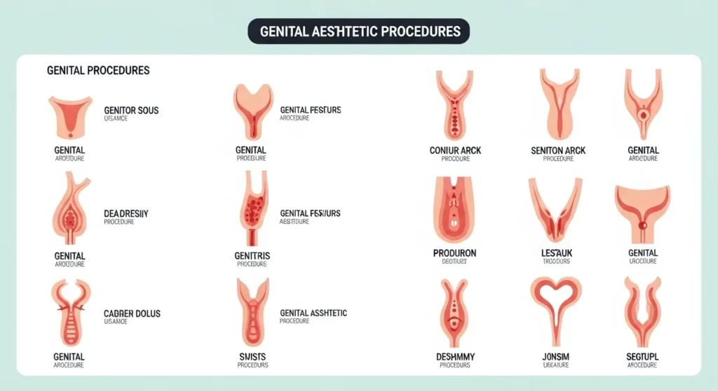 Genital estetik uygulamalarını türlerine göre ayıran görsel tablo.