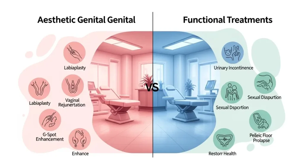 Genital estetik uygulamaları ile fonksiyonel tedavilerin farklarını karşılaştıran görsel.