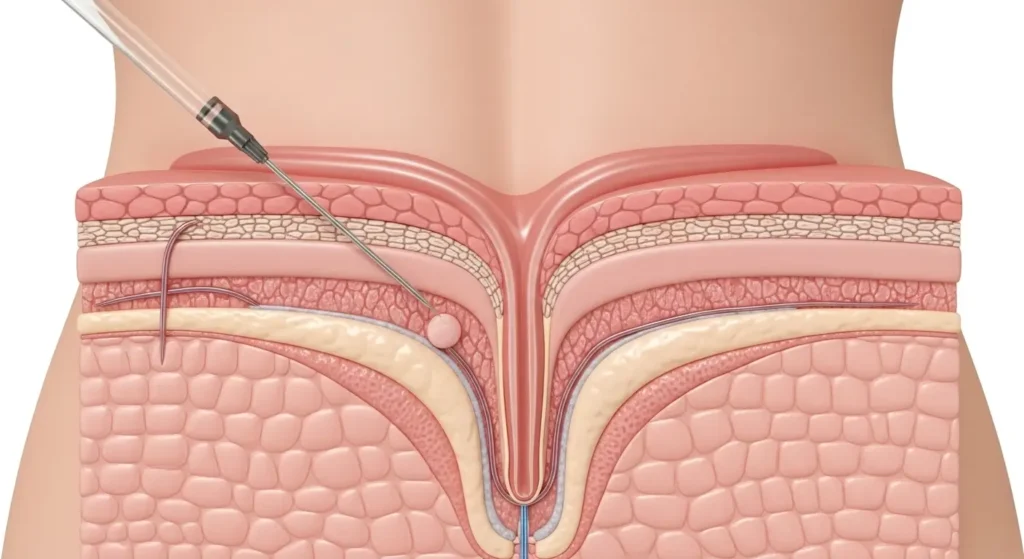 Genital bölgede mezoterapi uygulamasını gösteren tıbbi çizim.