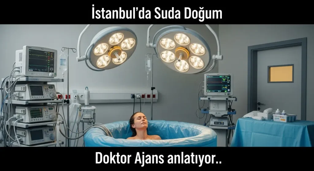İstanbul'da modern hastane ortamında suda doğum yapan anne, sıcak su havuzu ve tıbbi ekipman
