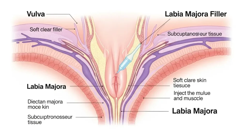 Dış dudak (labia majora) dolgusunu anlatan tıbbi ve bilgilendirici çizim.