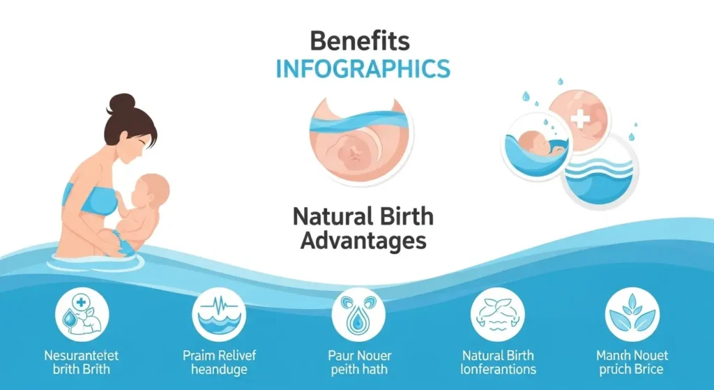 Suda doğumun avantajları ve faydaları gösteren tıbbi infografik