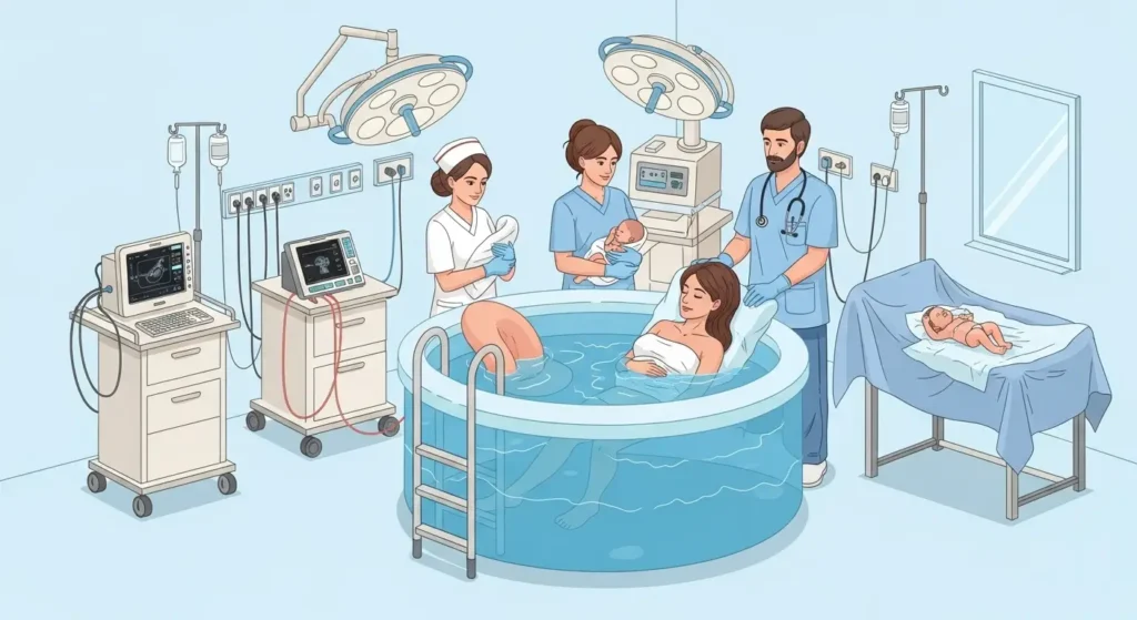 Suda doğum süreci adım adım nasıl yapılır tıbbi prosedür görseli