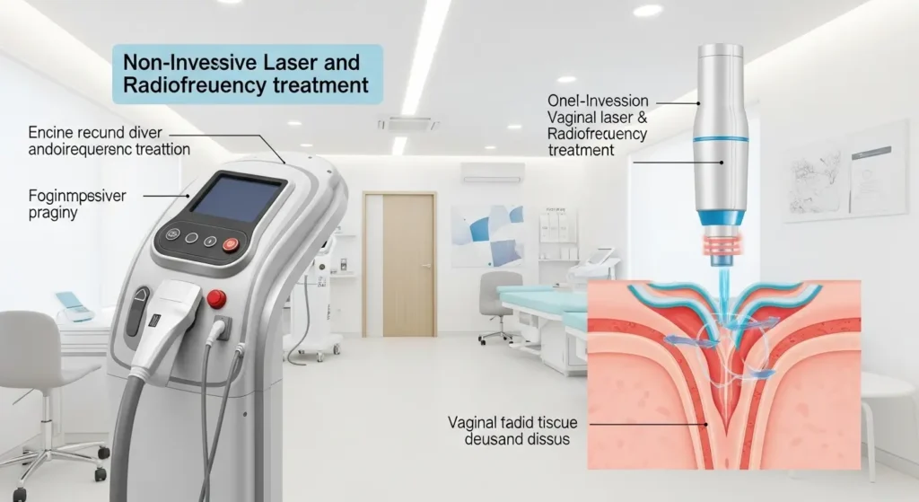 Vajinal lazer ve radyofrekans tedavisinin nasıl uygulandığını gösteren klinik ortam görseli.