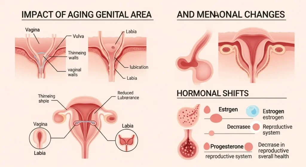 Yaşlanma ve menopozun genital estetik üzerindeki etkilerini gösteren infografik.