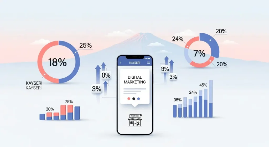 Kayseri güzellik salonları için 2025 dijital pazarlama istatistikleri infografiği: %72 online araştırma, %68 online randevu, %63 Google yorumu etkisi